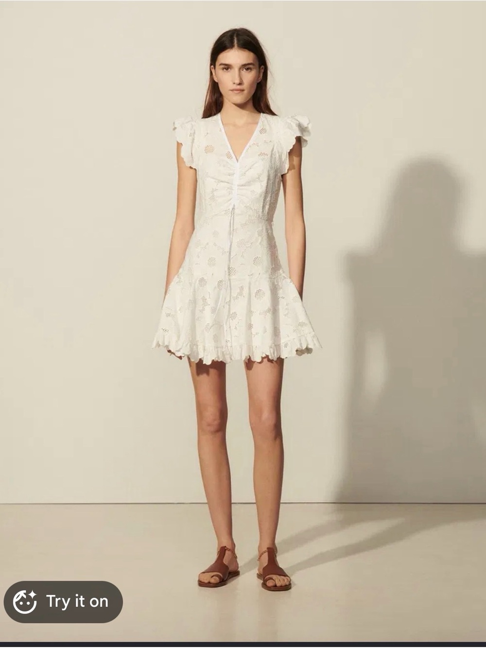 Sandro White Eyelet V-Neck Ruffle Mini Dress